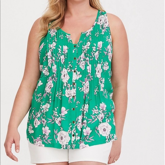 torrid Tops - TORRID GREEN FLORAL PINTUCK PLEAT TANK TOP